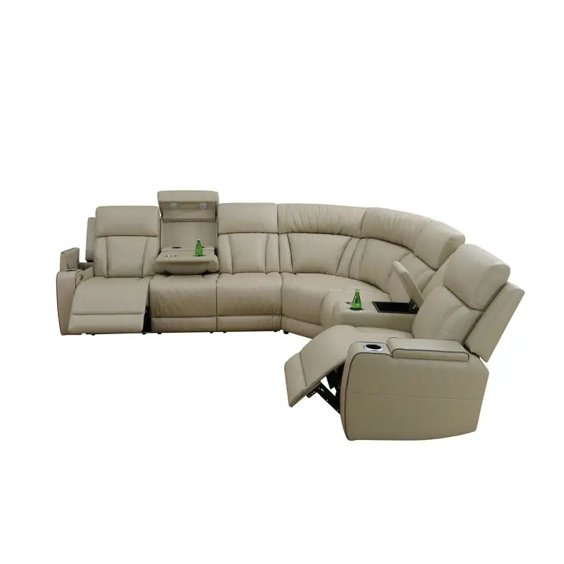 Ainehome Beige Leather Power Reclining Sectional Sofa with Reading Lamp