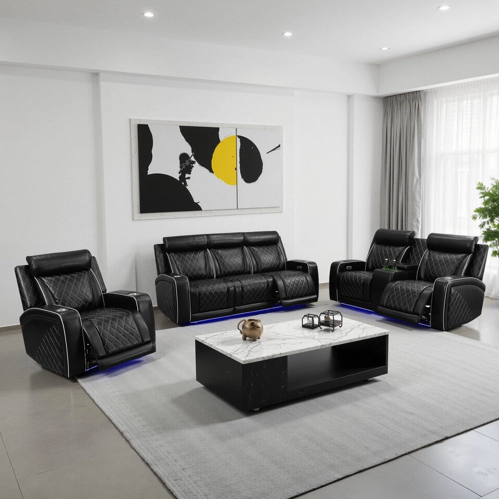 Ainehome Black Leather 5-Seater Power Reclining Sofa Set with Reading Lights & Hidden Storage