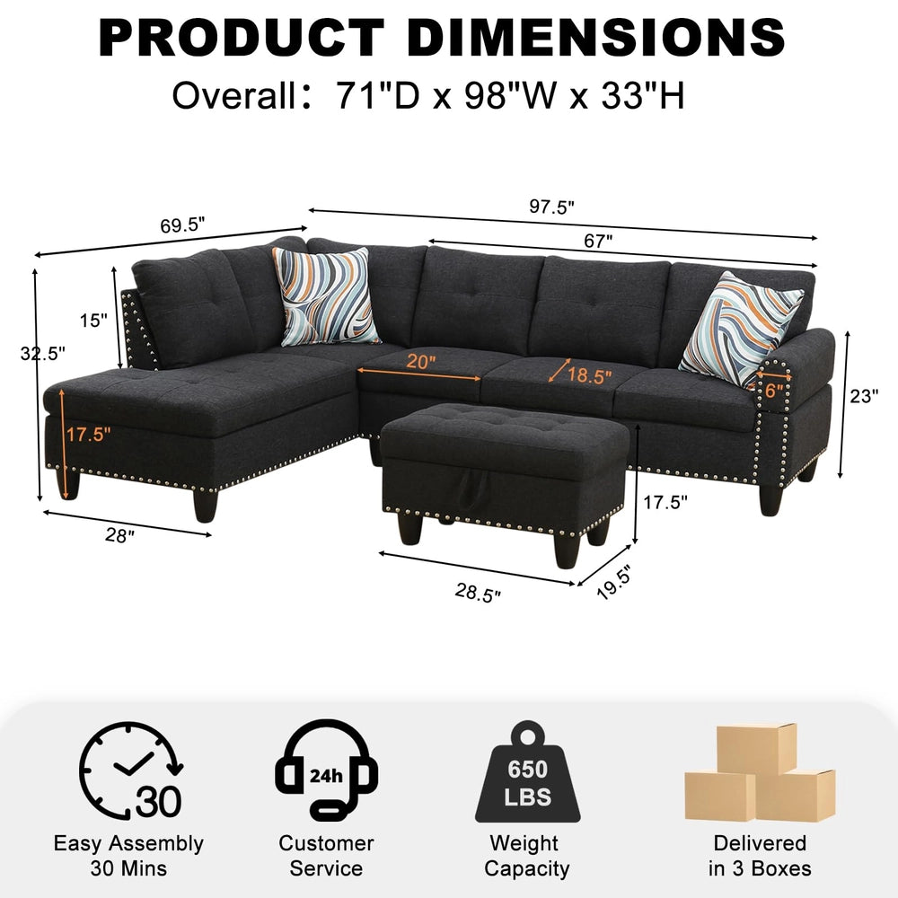Ainehome 97.5" Wide Black Grey Linen L-Shaped Living Room Sectional Sofa Set