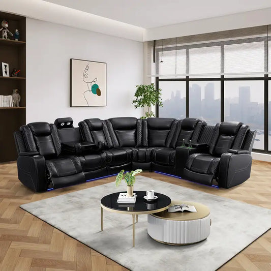 Ainehome Black Leather Power Reclining Sectional Sofa with Storage & Wireless Charging