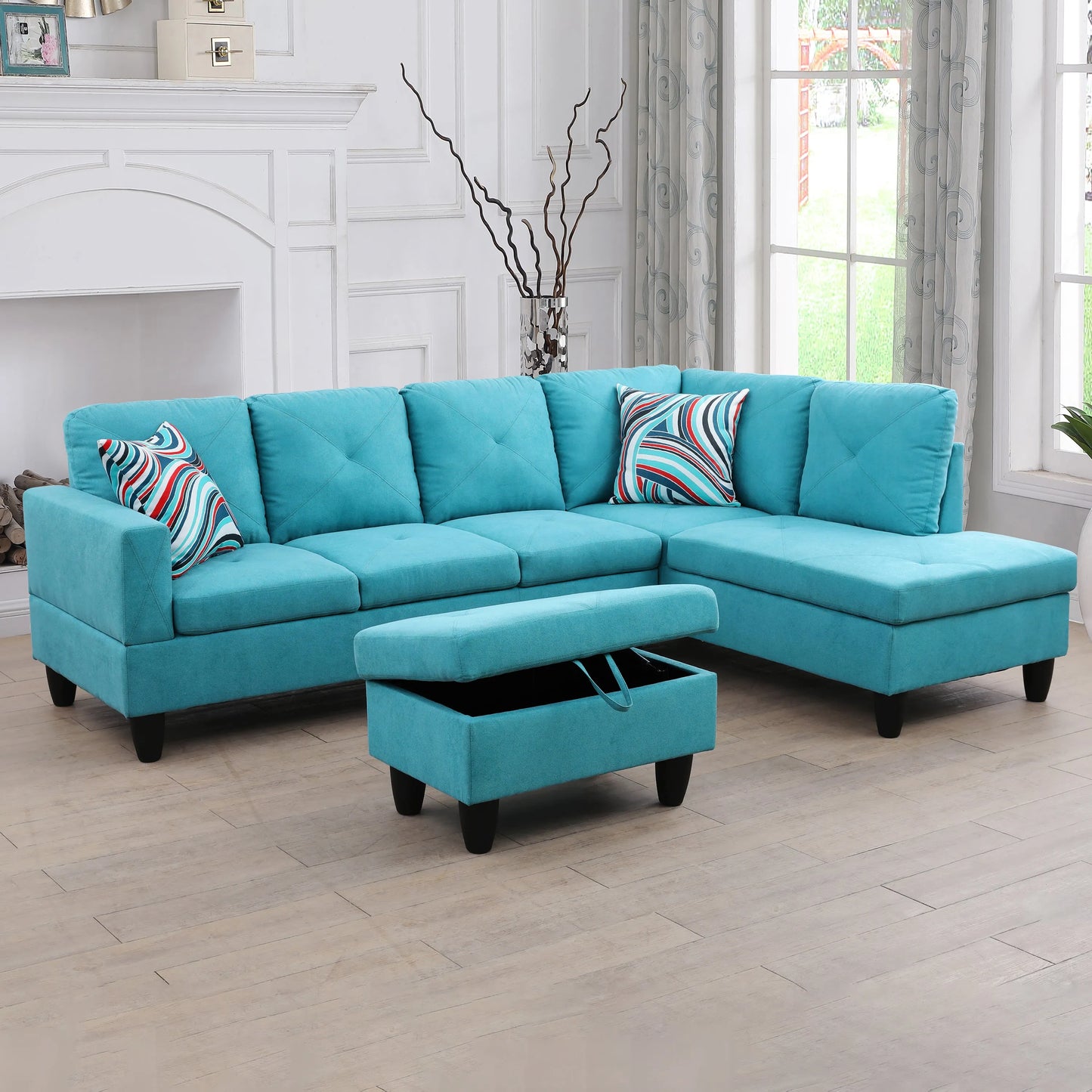 97" Wide Sky Blue Flannel L-Shaped Living Room Sectional Sofa Set — image 3