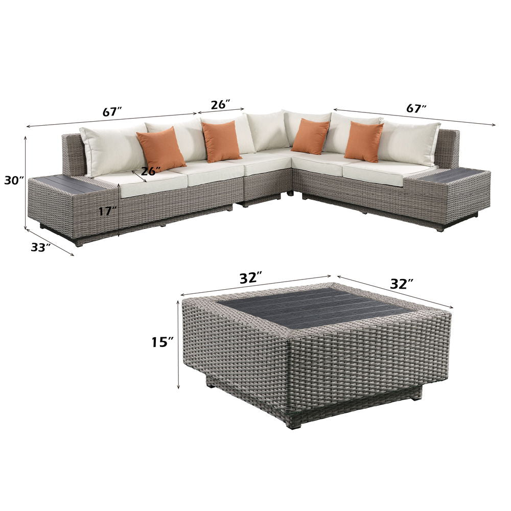 Salena - Patio Sectional Sofa With 4 Pillows & Coffee Table - Beige Fabric & Gray Wicker