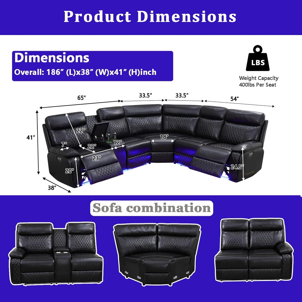 Black Semi PU Leather Power Reclining Sectional Sofa with Storage & Wireless Charging image 2