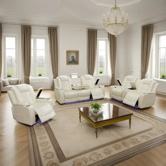 White Leather Power Reclining Sofa Set with Smart Consoles & 170° Recline