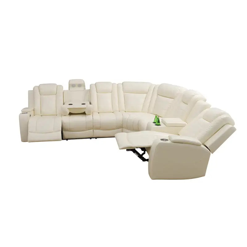 Ainehome Off-White Leather Power Reclining Sectional Sofa with Smart Tea Table & Organizer