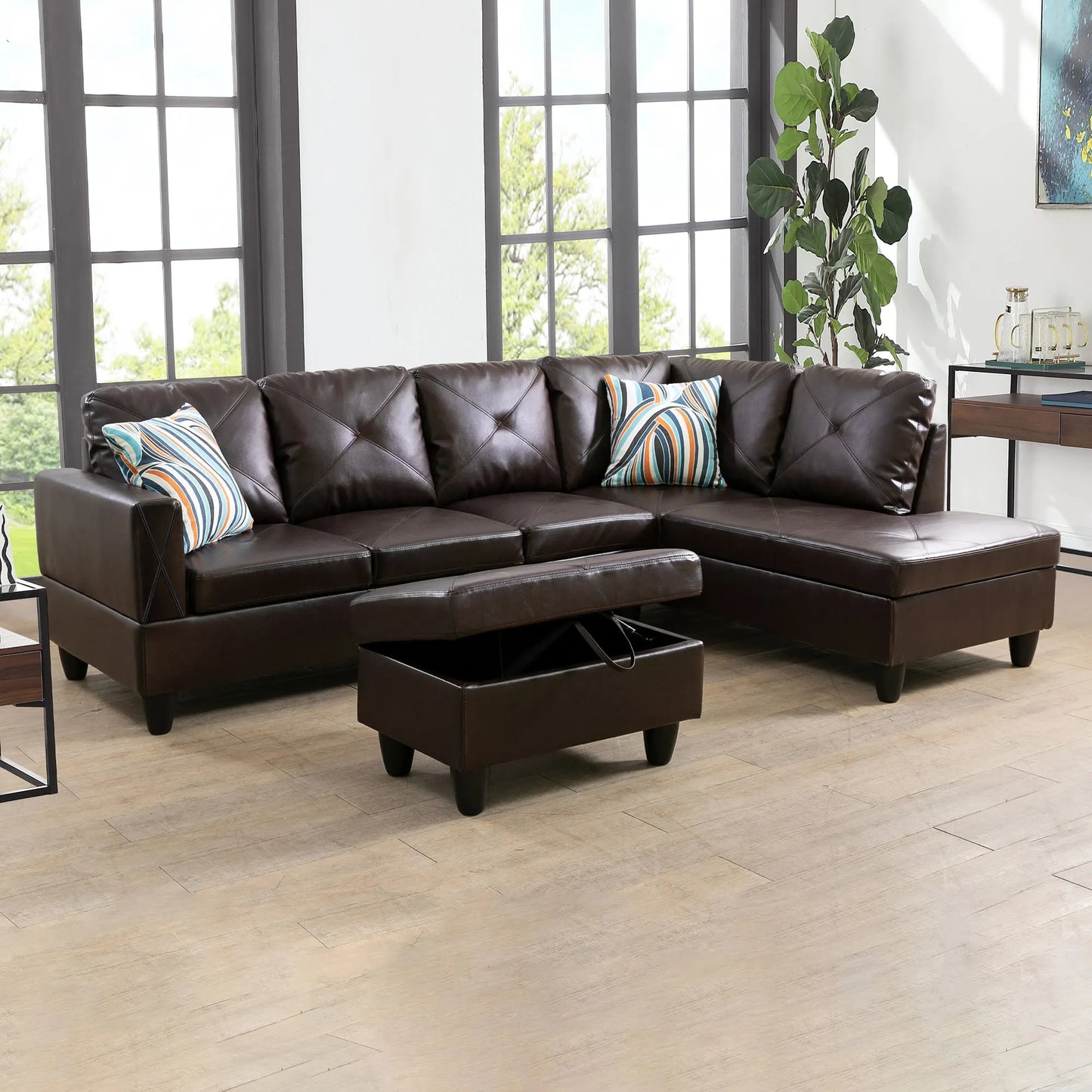97" Wide Brown Faux Leather L-Shaped Living Room Sectional Sofa Set — image 3