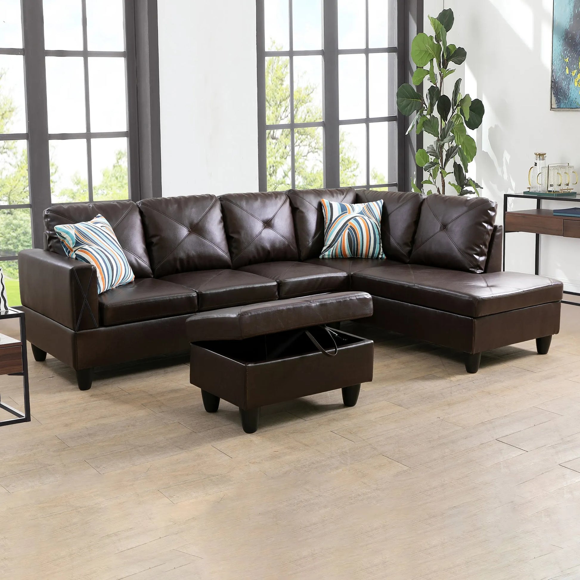 97" Wide Brown Faux Leather L-Shaped Living Room Sectional Sofa Set — image 3