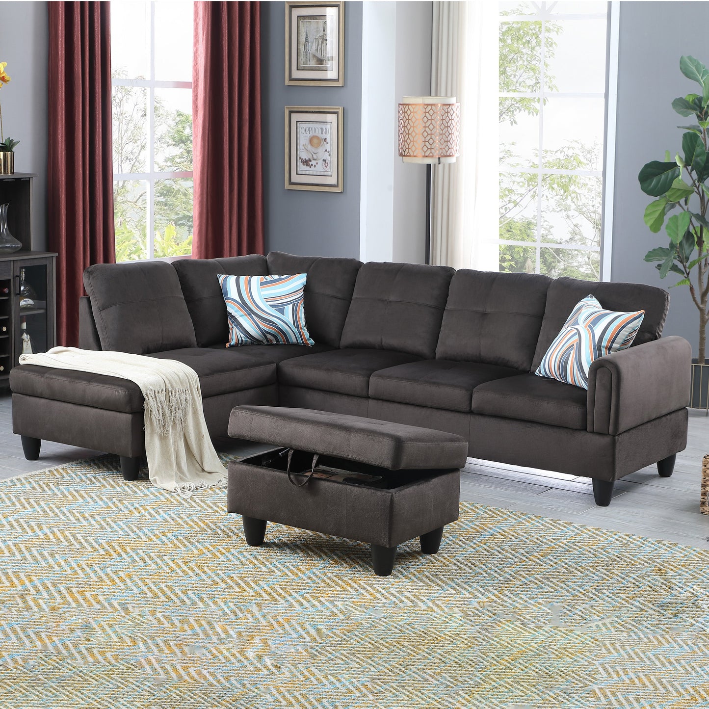 97" Wide Dark Brown Flannel L-Shaped Living Room Sectional Sofa Set
