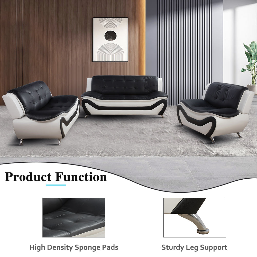 Ainehome Black & White Faux Leather 3-Piece Living Room Sofa Set with Elegant Design