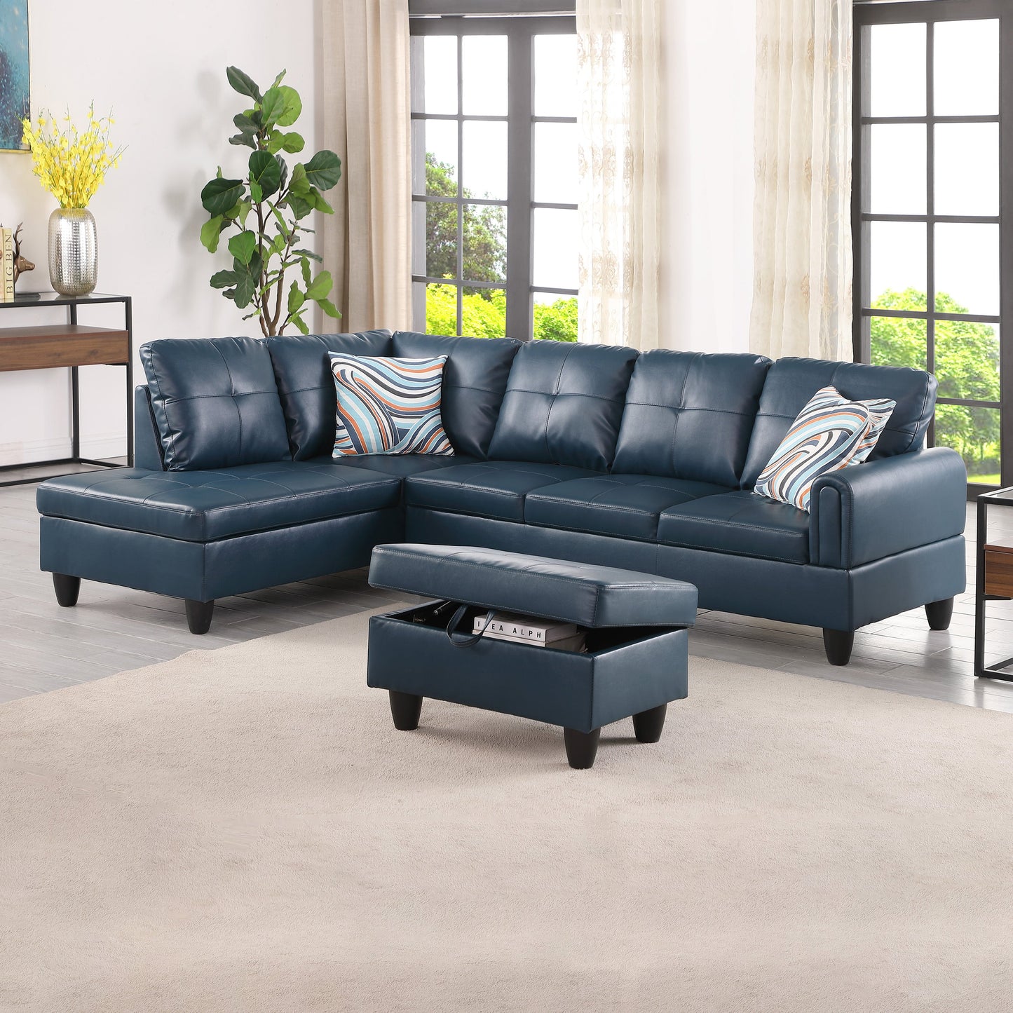 97" Wide Denim Faux Leather Living Room Sofa Set