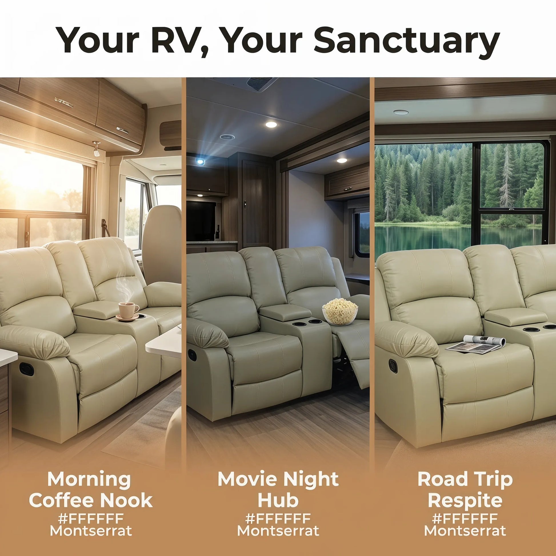 Ainehome 68" Manual RV Loveseat Recliner with Storage Console - Breathable Synthetic Leather Motorhome Sofa Replacement - 67" Full Extension & 26" Door Friendly - Walnut Brown