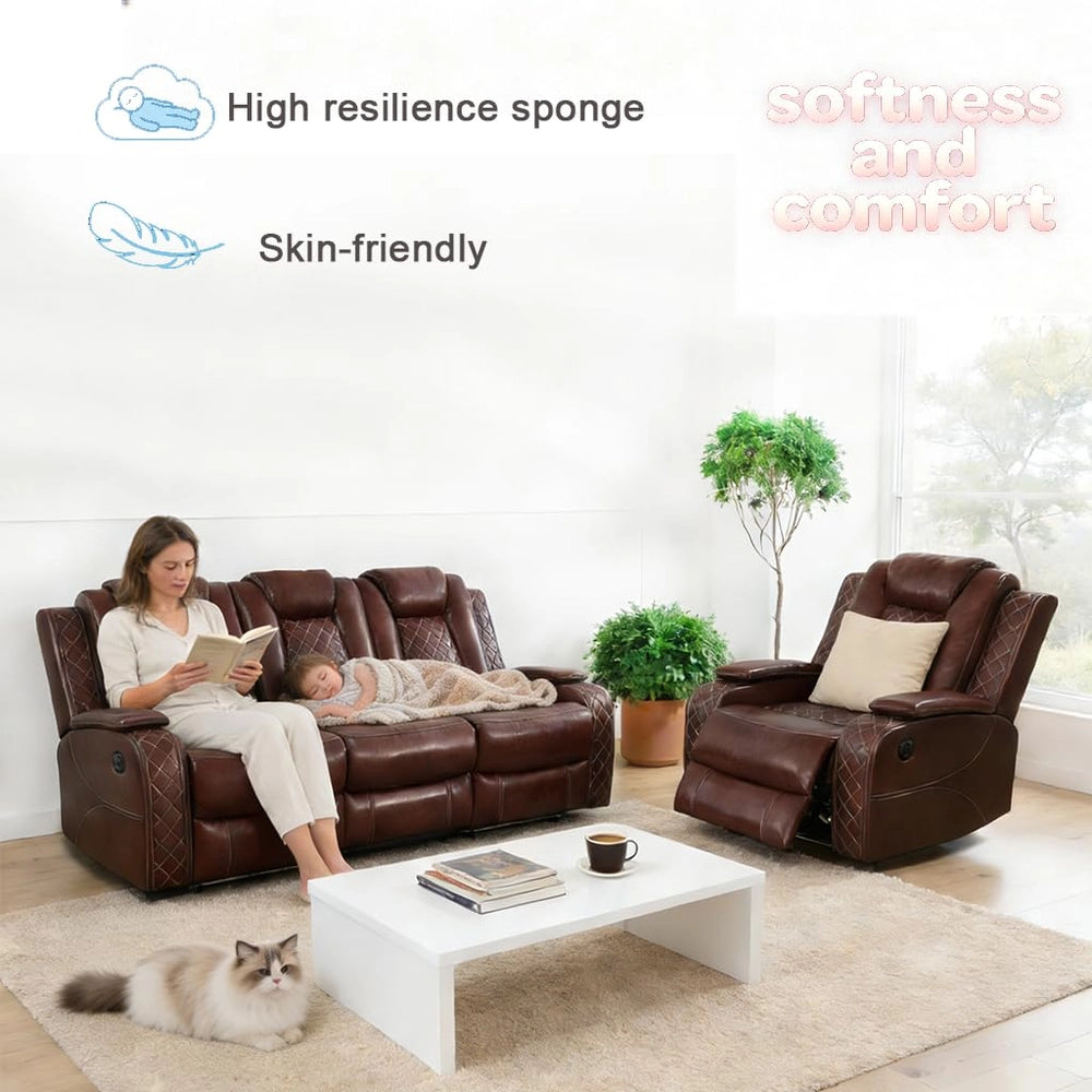 Ainehome Burgundy Leather 3-Piece Power Reclining Sofa Set with Diamond Stitching & Smart Features