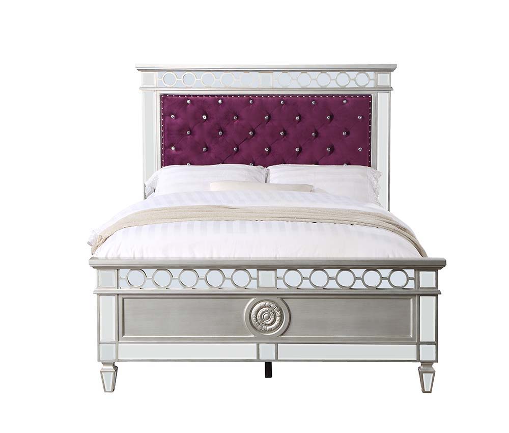 Varian - Twin Bed - Burgundy Velvet, Silver & Mirrored