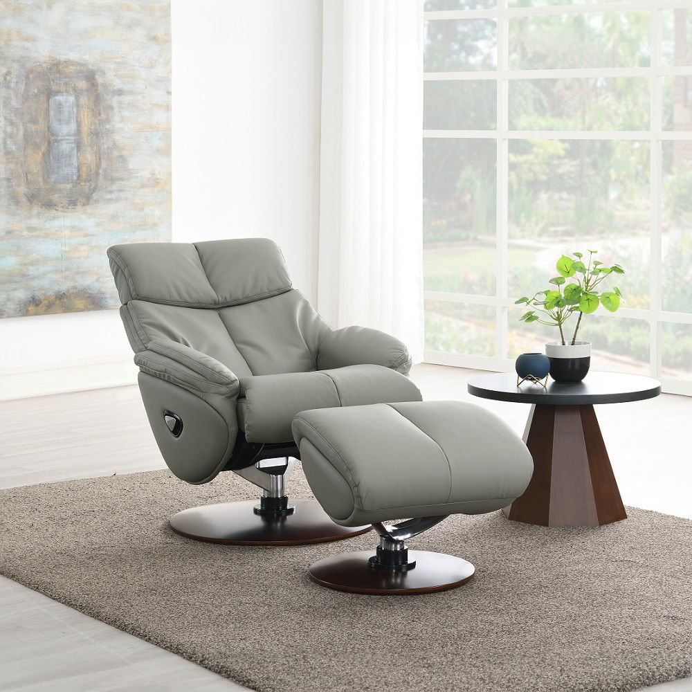 Kandoro - Motion Accent Chair With Swivel & Ottoman - Gray Leather & Brown Base