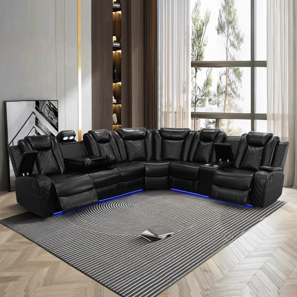 Ainehome Black Leather Power Reclining Sofa Set with Smart Storage & Wireless Charging