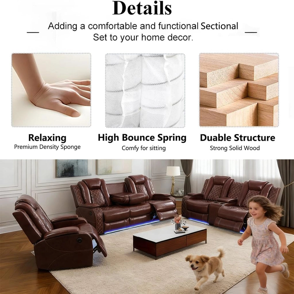 Ainehome Burgundy Leather 3-Piece Power Reclining Sofa Set with Diamond Stitching & Smart Features