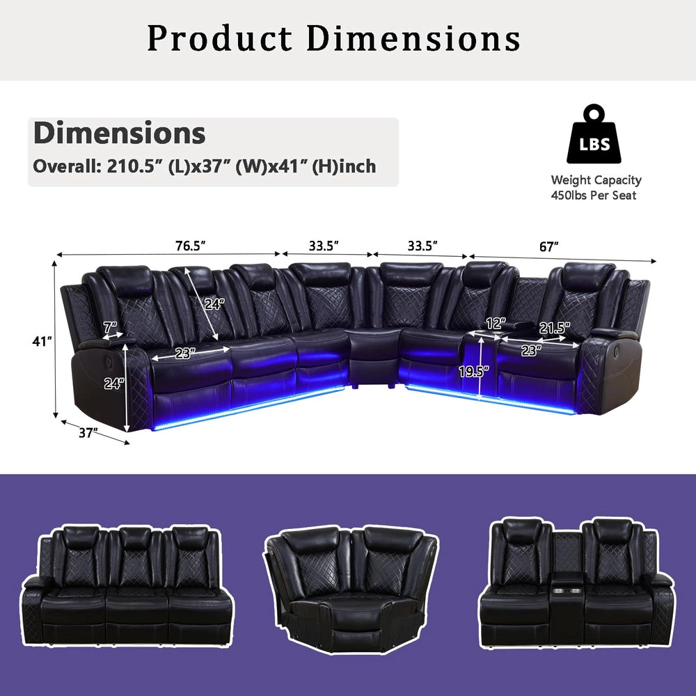 Ainehome Black Leather Power Reclining Sofa Set with Smart Storage & Wireless Charging
