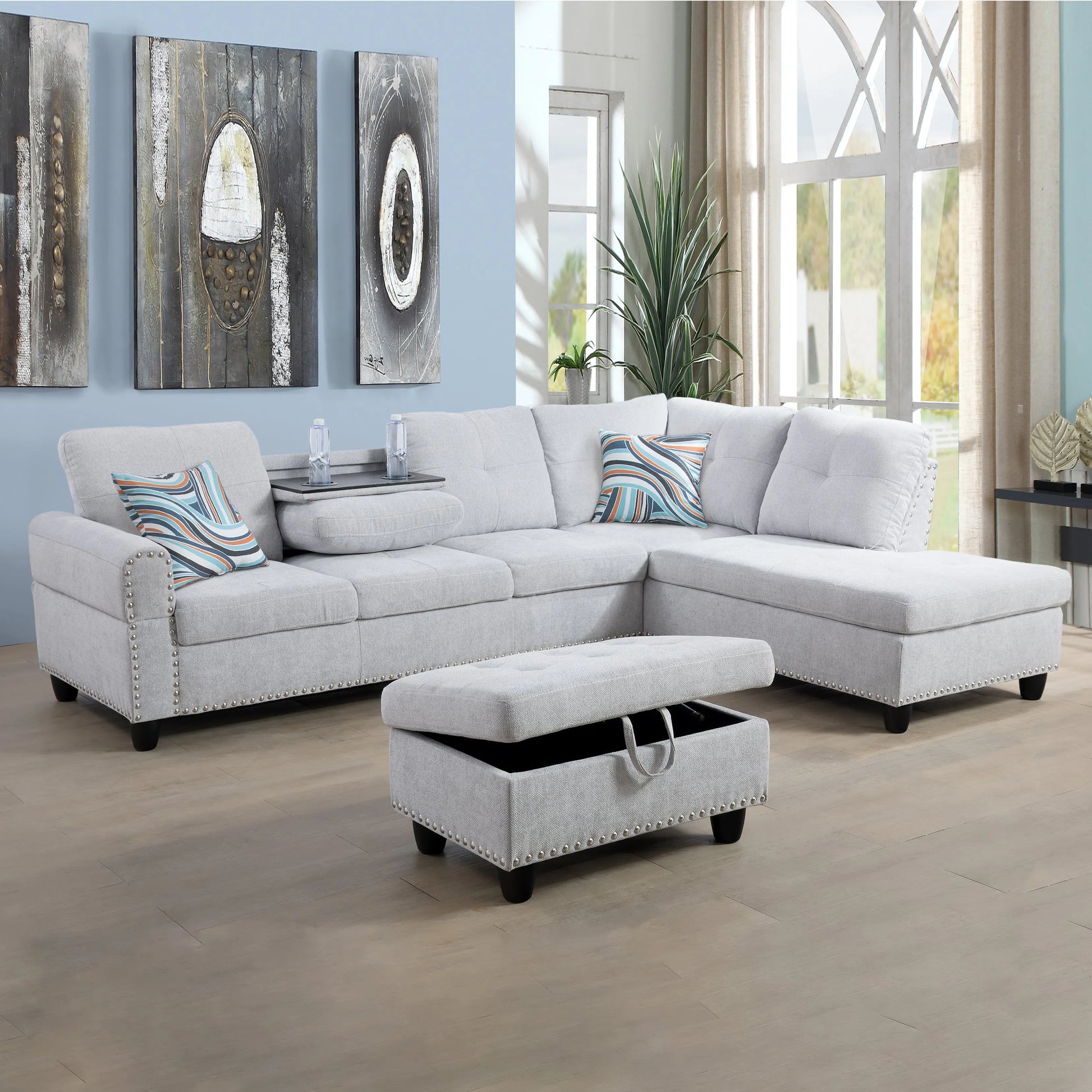 97.5" Wide Grey White Flannel 3-Piece Sofa Living Room Sofa Set