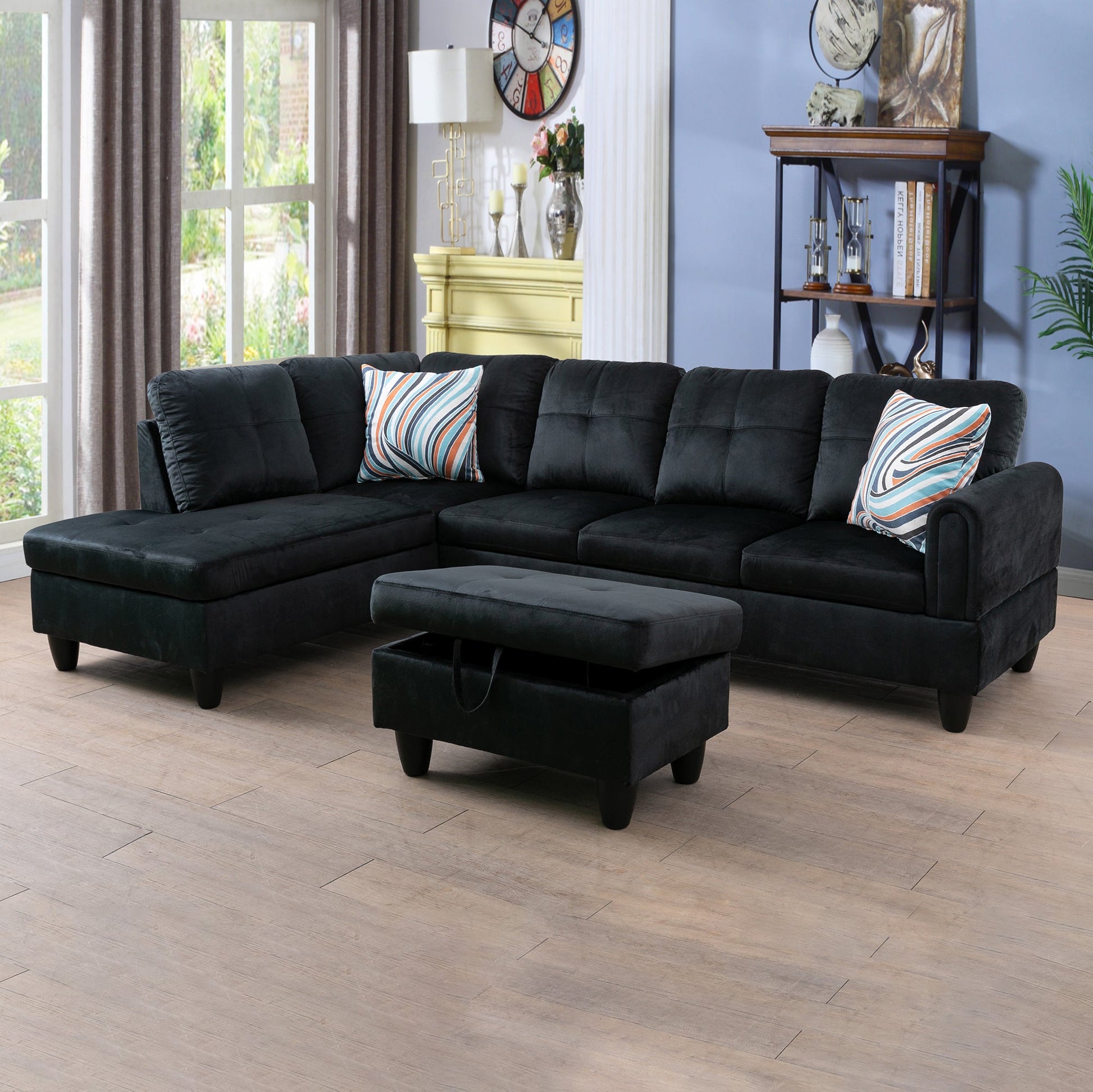 97" Wide Black Flannel L-Shaped Living Room Sectional Sofa Set