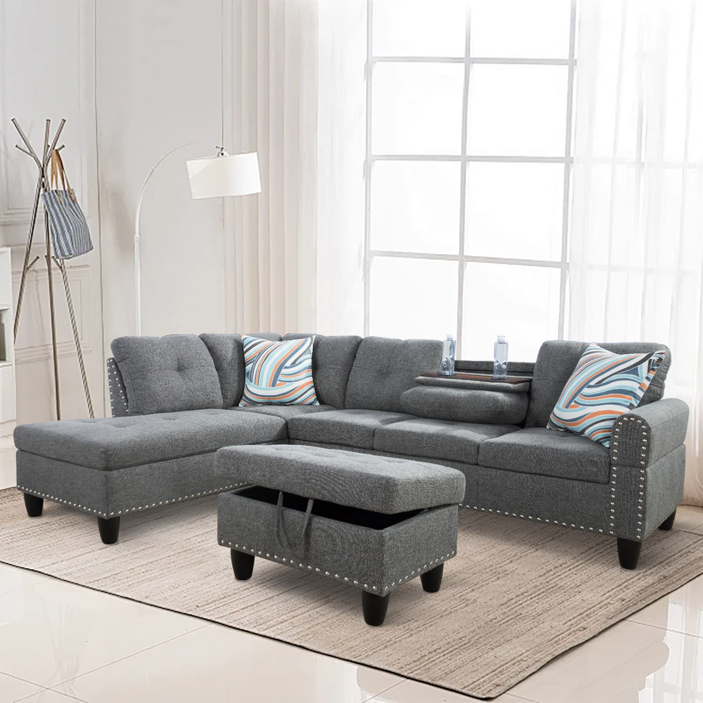 97.5" Wide Grey Linen L-Shaped Living Room Sectional Sofa Set
