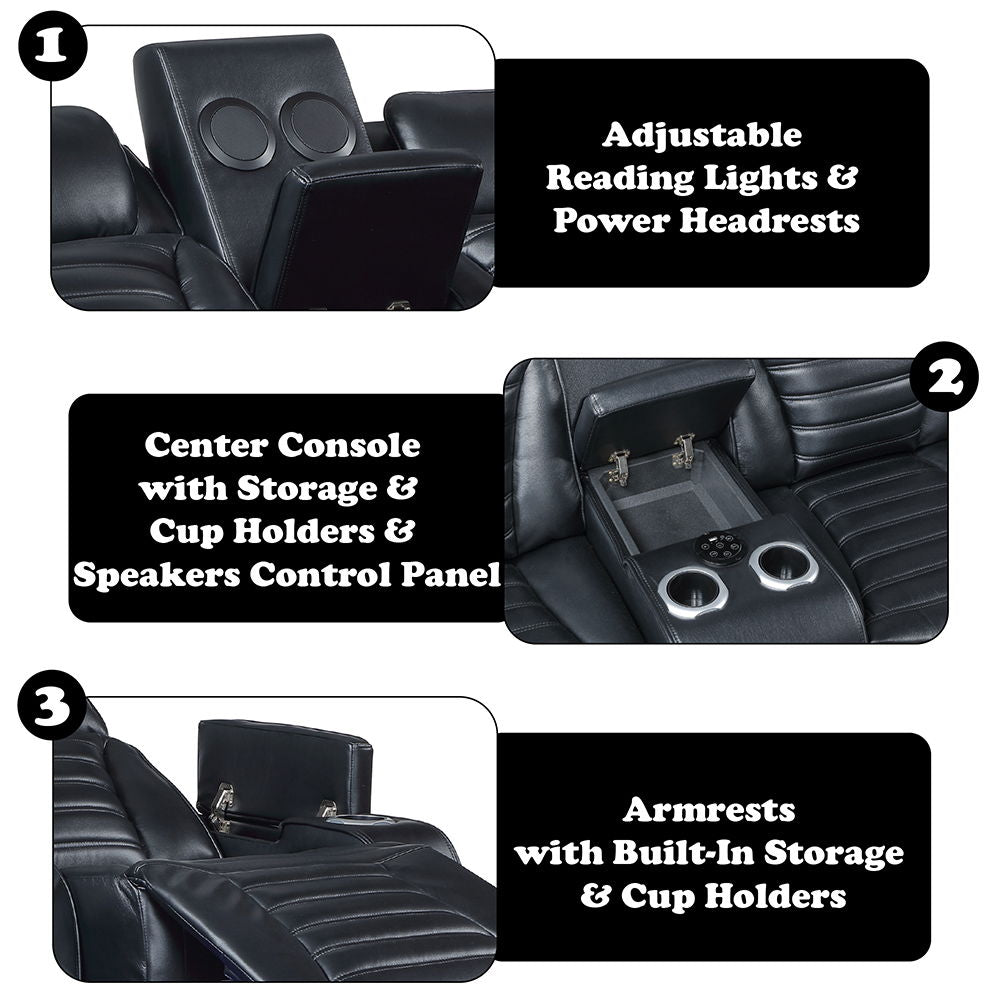 Ephron - Power Motion Loveseat With Console, Power Headrests, LED & Speakers - Black