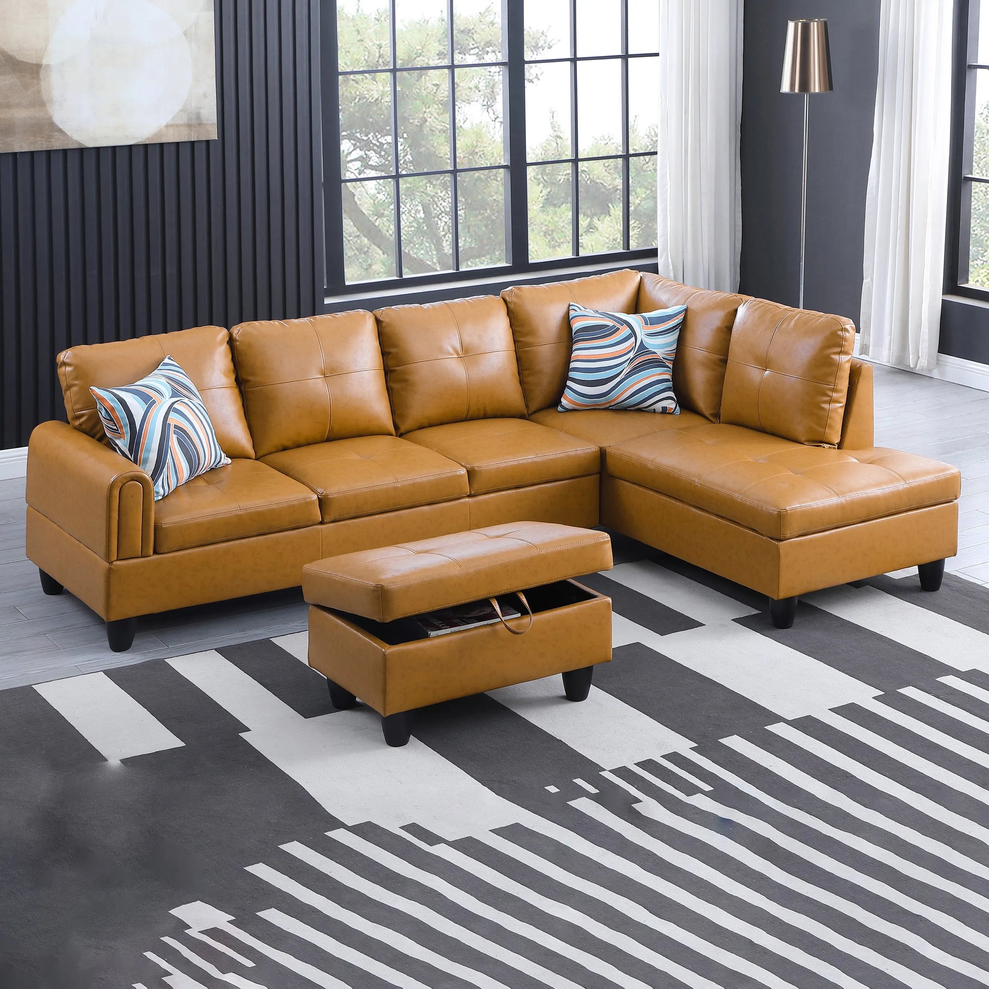 97" Wide Ginger Faux Leather L-Shaped Living Room Sectional Sofa Set