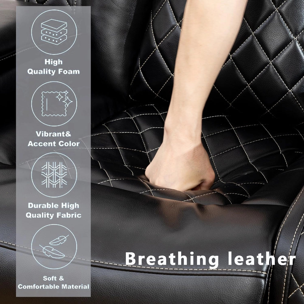 Ainehome Black Leather Power Reclining Sofa Set with Smart Console & LED Lighting
