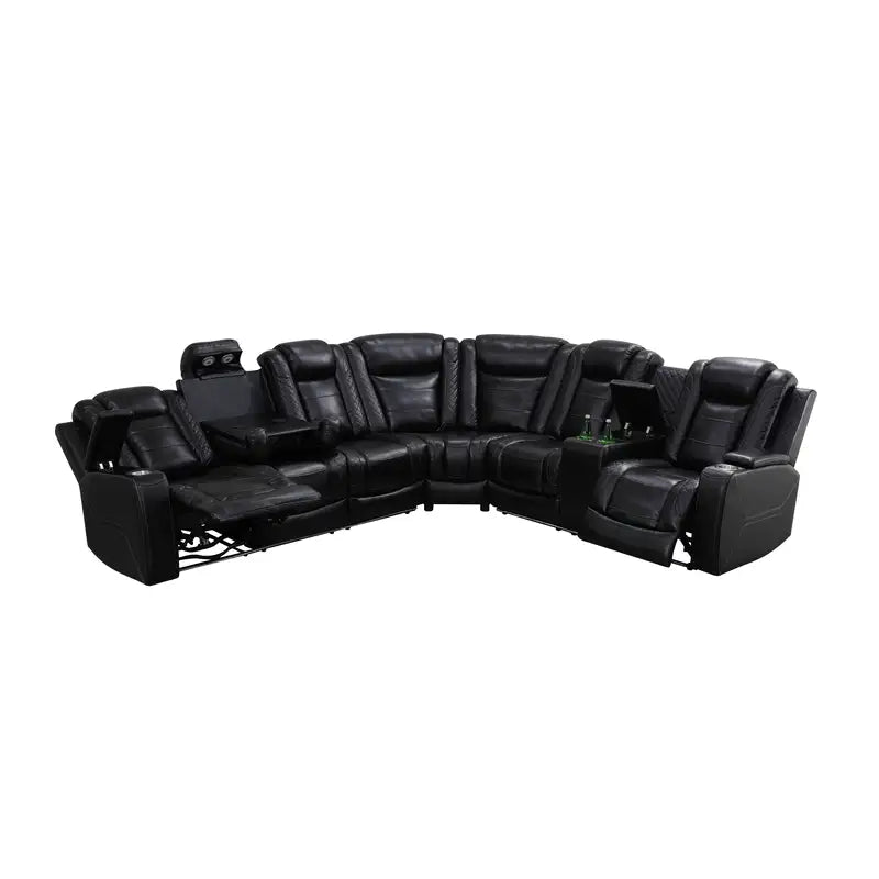 Ainehome Black Leather Power Reclining Sectional with Reading Lamp