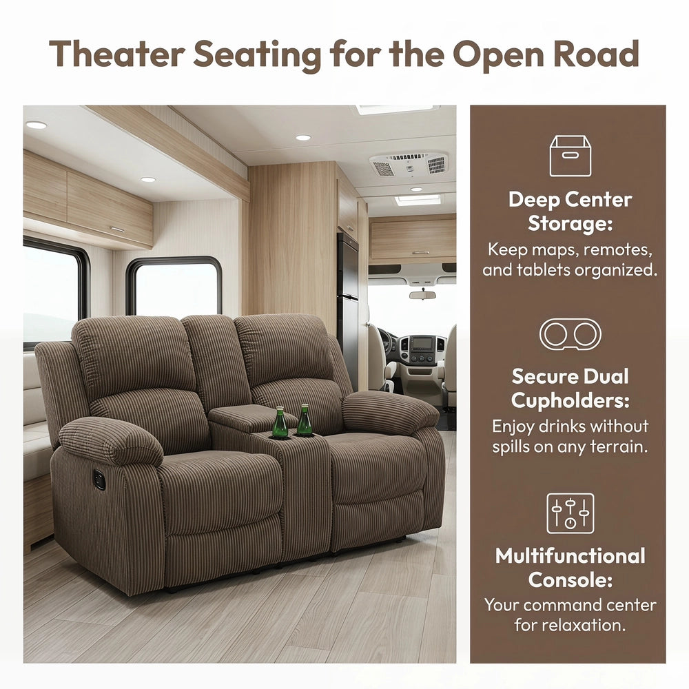 Ainehome 68" Manual RV Loveseat Recliner with Storage Console - Breathable & Mold-Proof Fabric Replacement Sofa for Class A, C Motorhomes and Travel Trailers - Dark Grey
