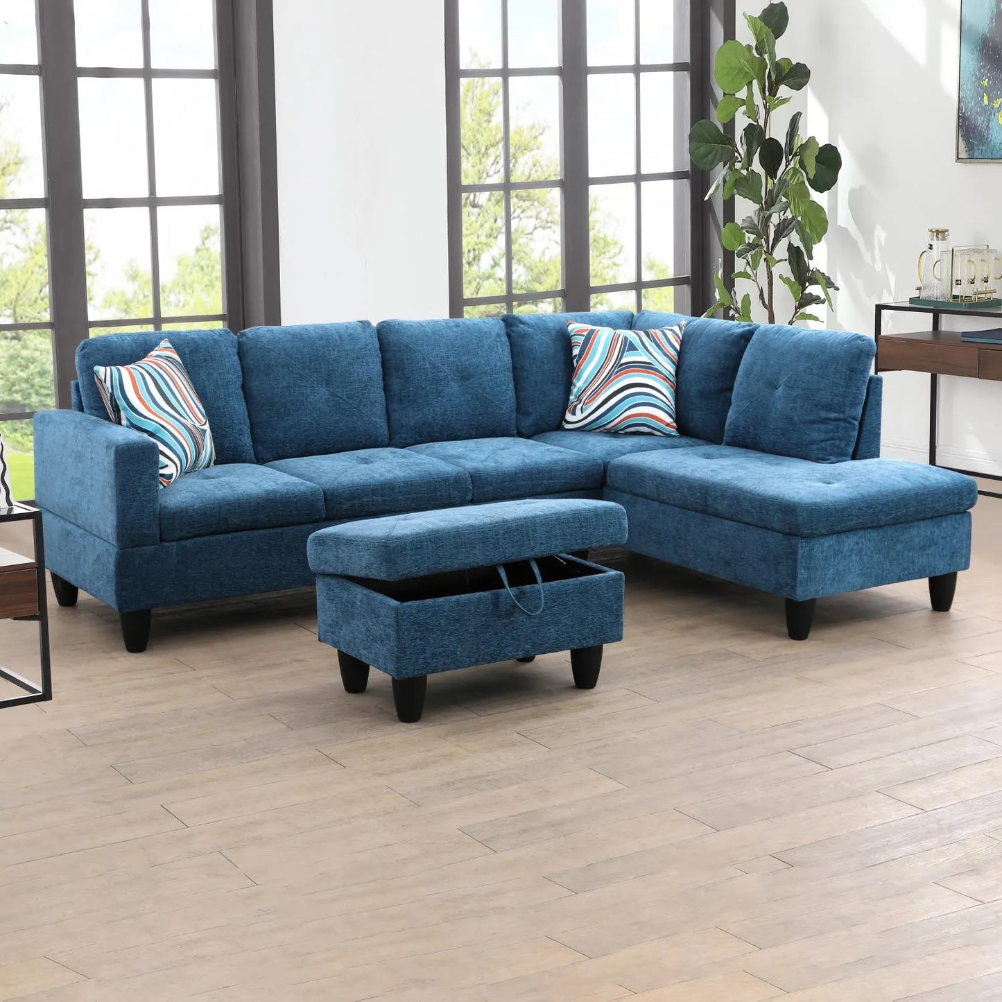 97" Wide Blue Linen L-Shaped Living Room Sectional Sofa Set — image 5