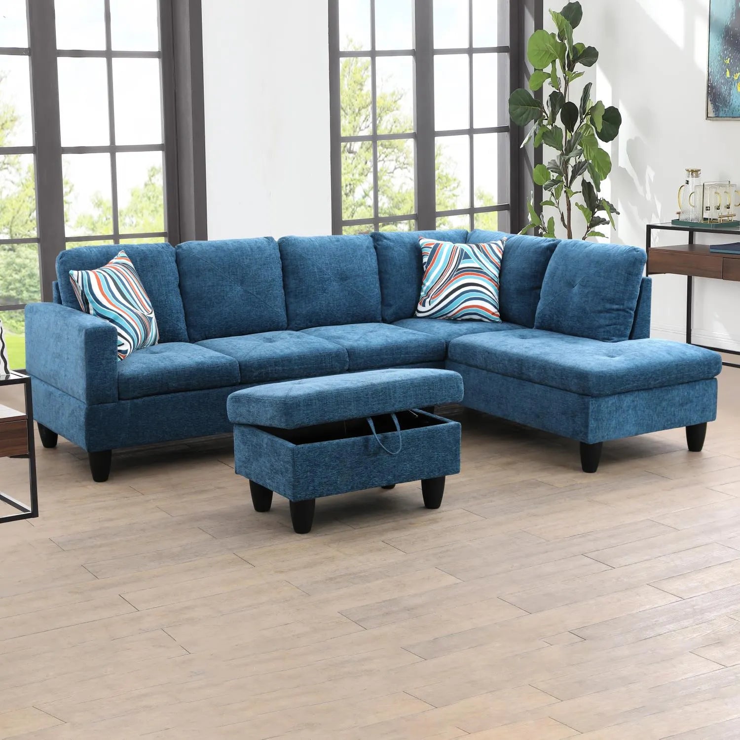 97" Wide Blue Linen L-Shaped Living Room Sectional Sofa Set — image 5