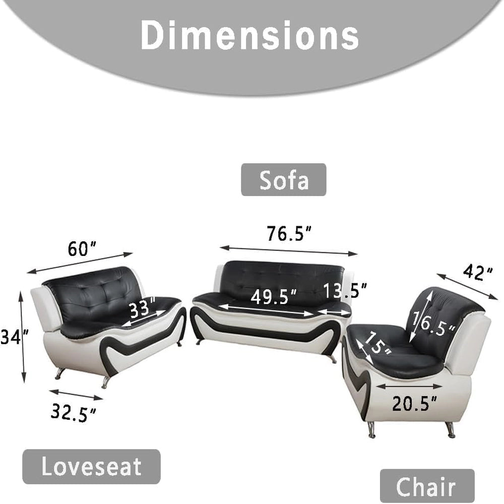 Ainehome Black & White Faux Leather 3-Piece Living Room Sofa Set with Elegant Design