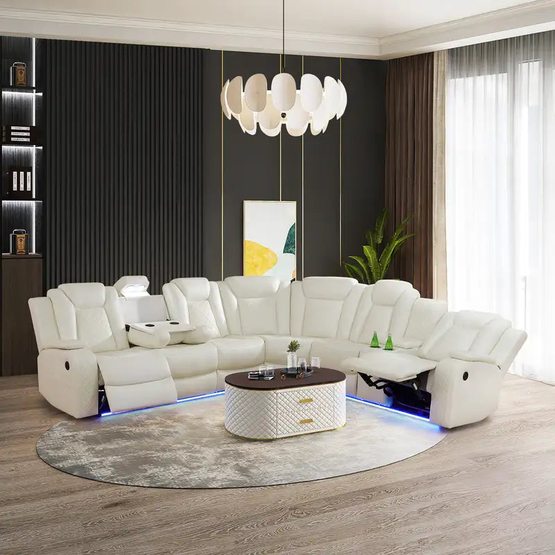 Ainehome Off-White 3-Piece Intelligent Power Reclining Leather Sectional Sofa Set with Smart Features