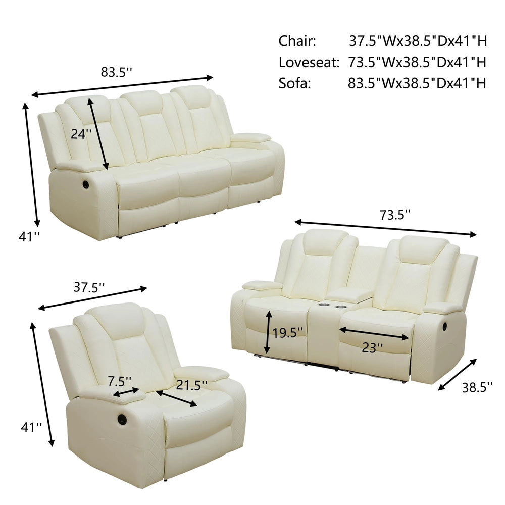 White Leather 3-Piece Power Reclining Sofa Set with Diamond Stitching & Smart Features — Sofa Set image 2