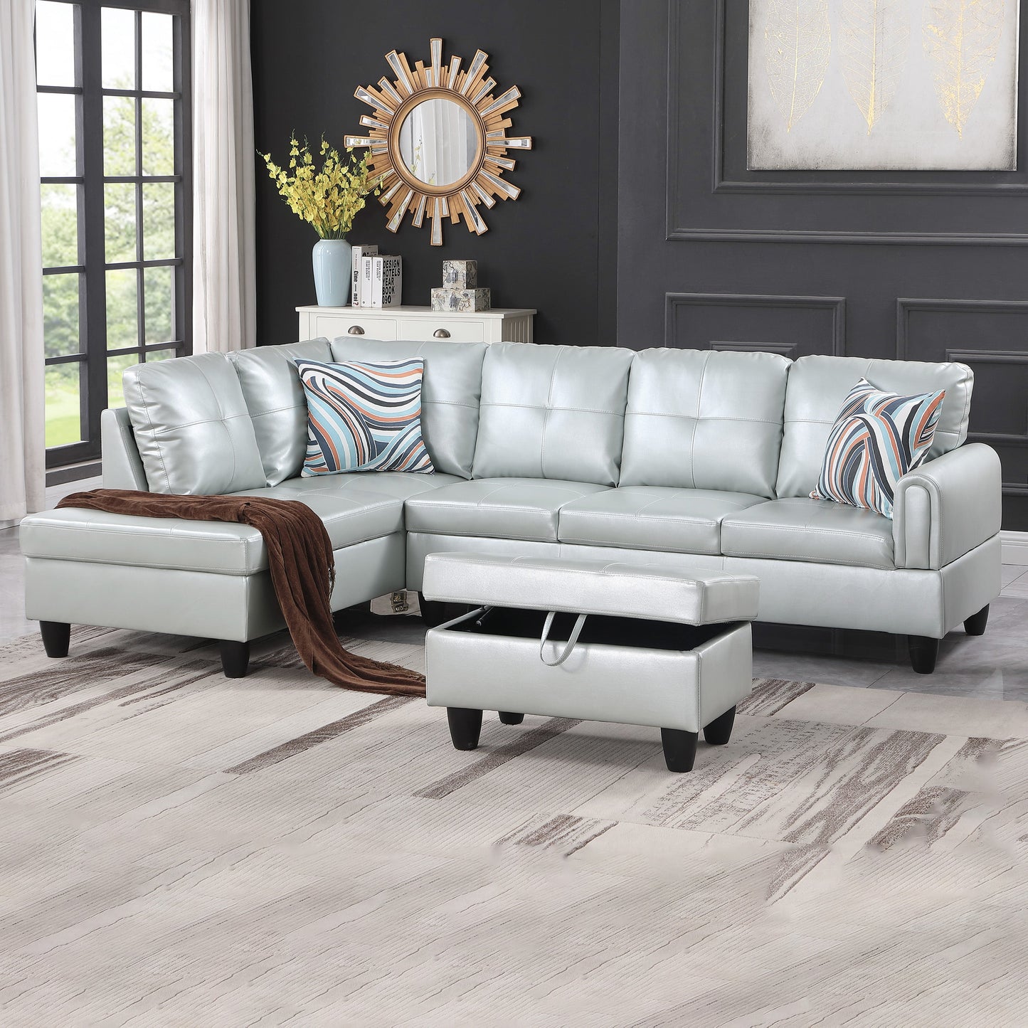 97" Wide Silver Green Faux Leather L-Shaped Living Room Sectional Sofa Set