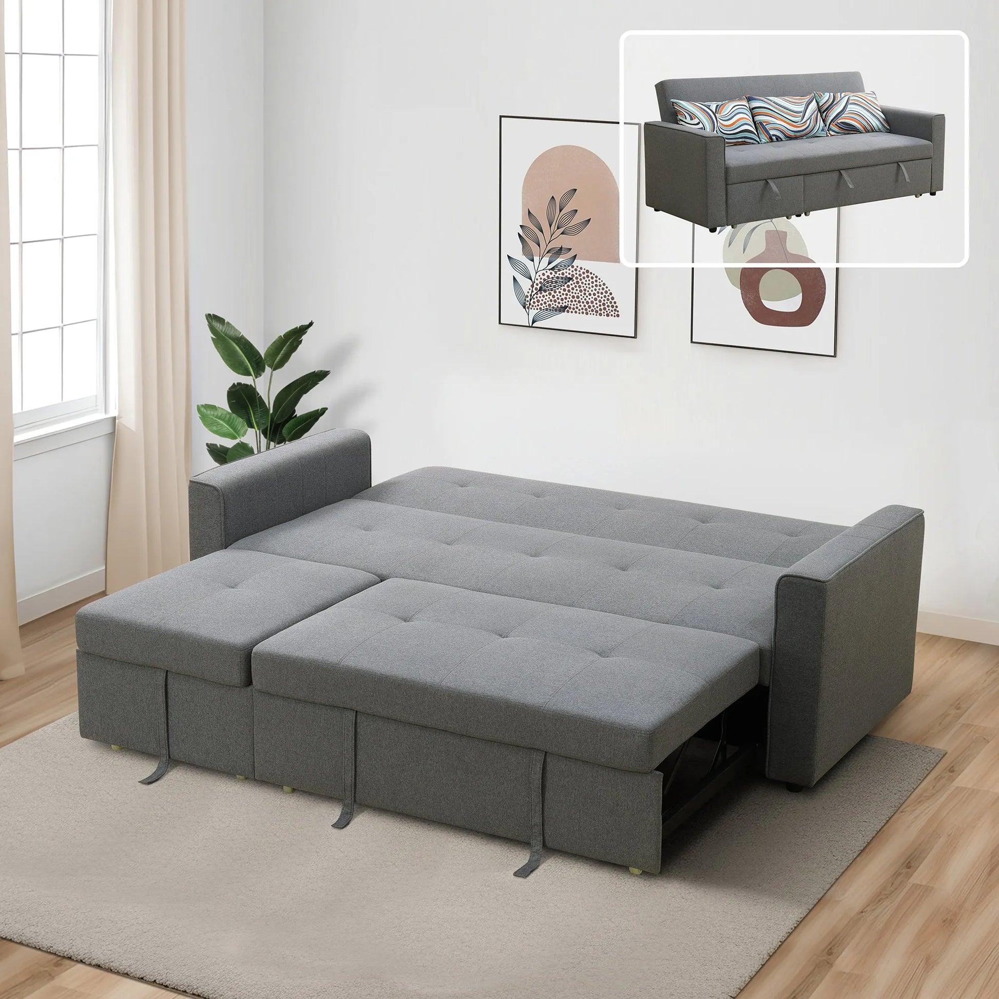 Grey Sackcloth Wide Convertible Sofa Bed image 3