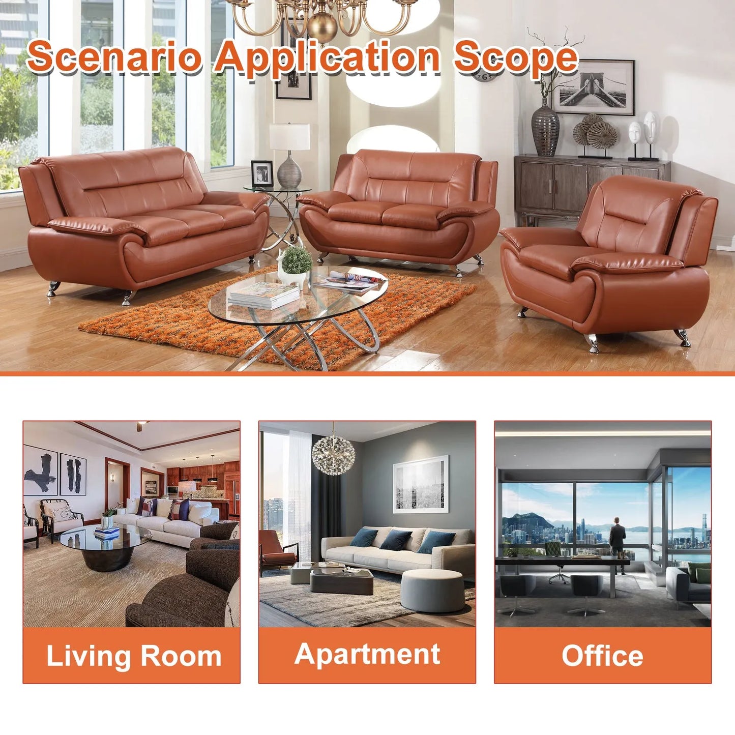 Ainehome Orange Faux Leather 3-Piece Combo Sofa and Chair Set