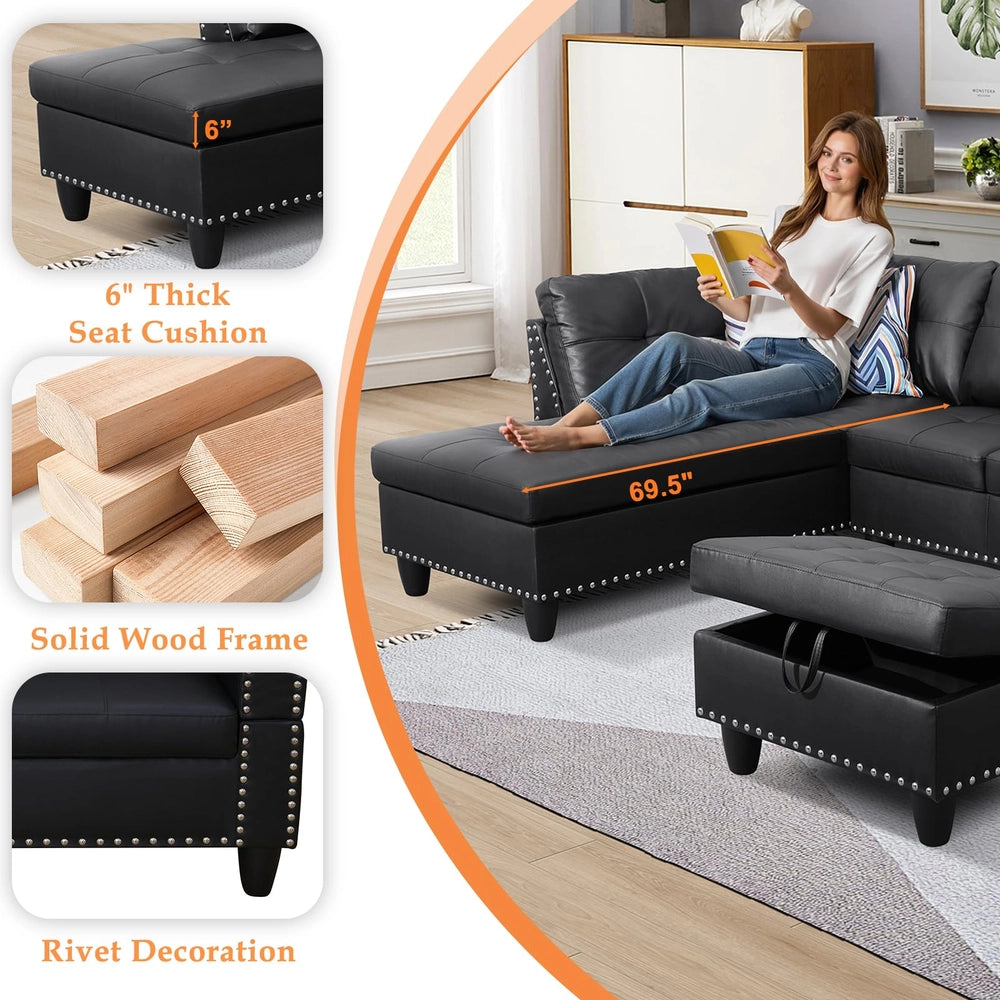Ainehome 97.5" Wide Black Synthetic Leather L-Shaped Living Room Sectional Sofa Set
