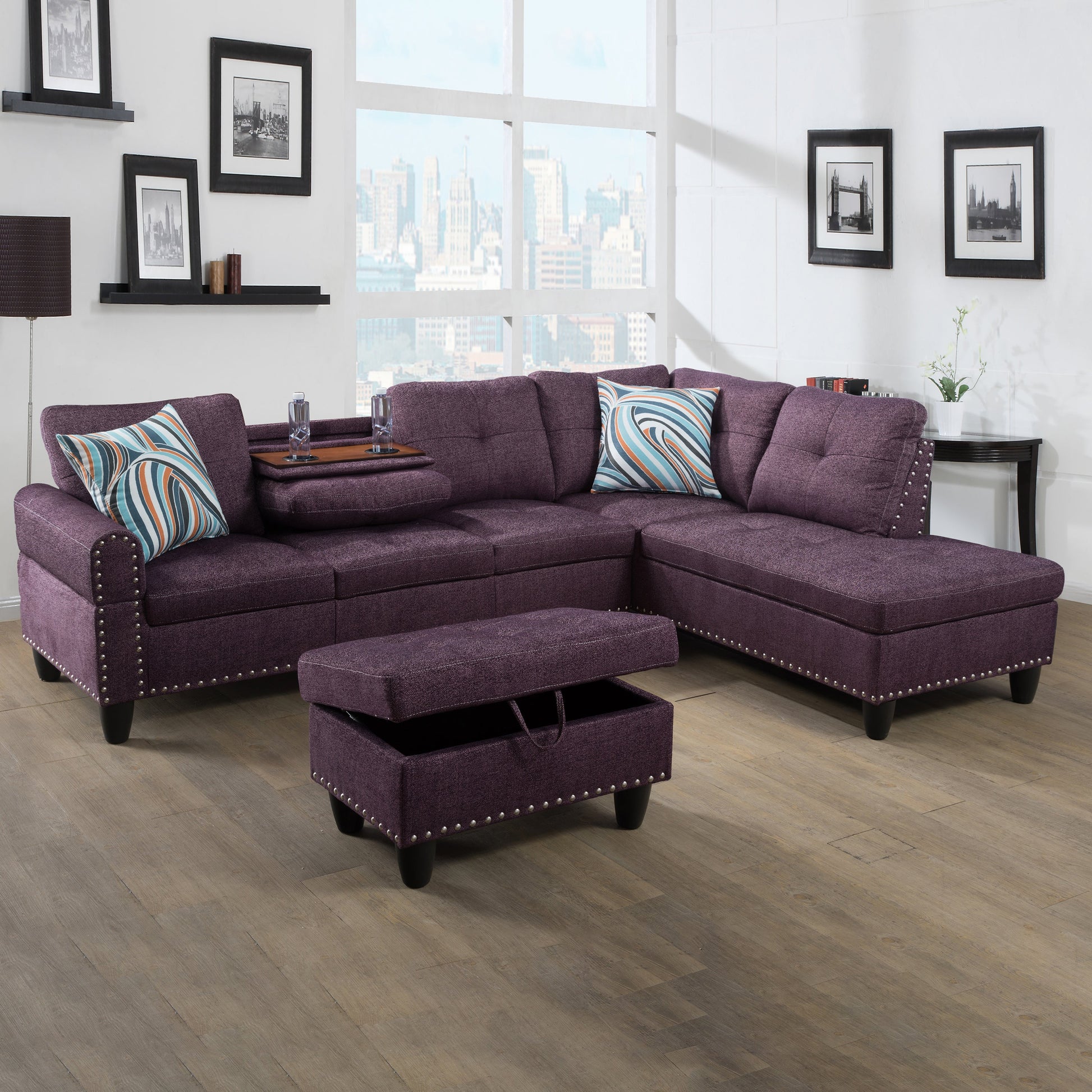 97.5" Wide Amaranth Linen L-Shaped Living Room Sectional Sofa Set