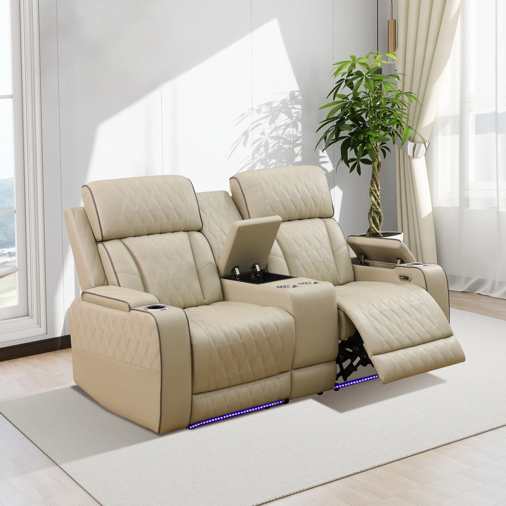 Beige Leather Power Reclining Sectional Sofa with Smart Coffee Table & Reading Lamp
