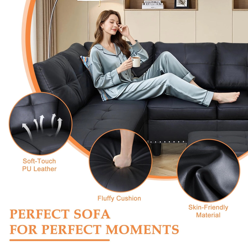 Ainehome 97.5" Wide Black Synthetic Leather L-Shaped Living Room Sectional Sofa Set