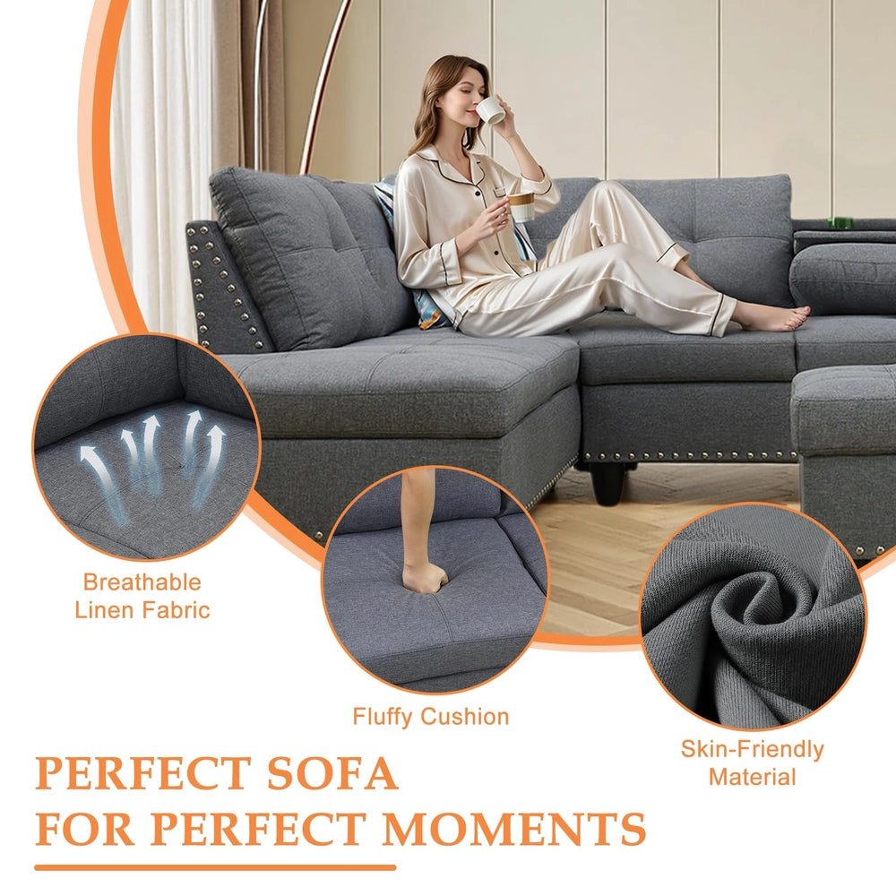 Ainehome 97.5" Wide Grey Linen L-Shaped Living Room Sectional Sofa Set