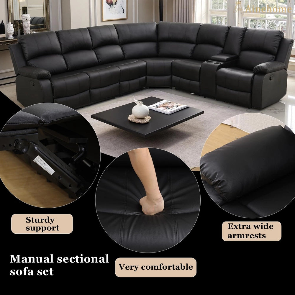Ainehome Grandview 5-Seat Reclining Sectional Sofa in Black Faux Leather