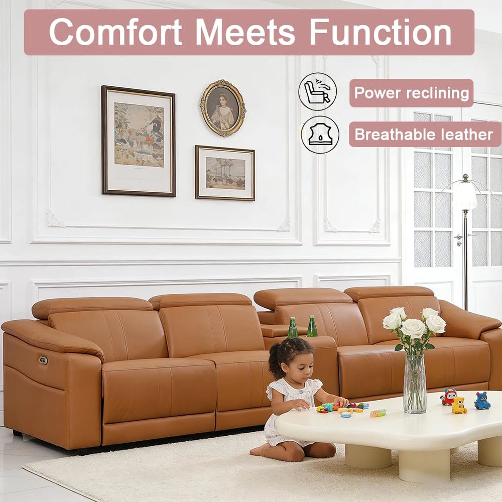 Ainehome Light Brown Leather 5-Seater Modular Power Reclining Sectional Sofa Set with Smart Storage & USB