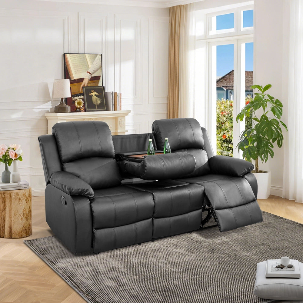 Cinema 3-Piece Black Faux Leather Manual Reclining Sofa Set