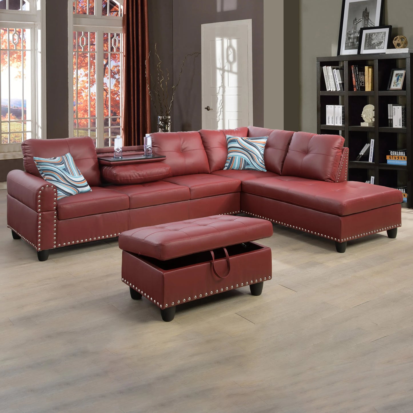 97.5" Wide Red Synthetic Leather L-Shaped Living Room Sectional Sofa Set