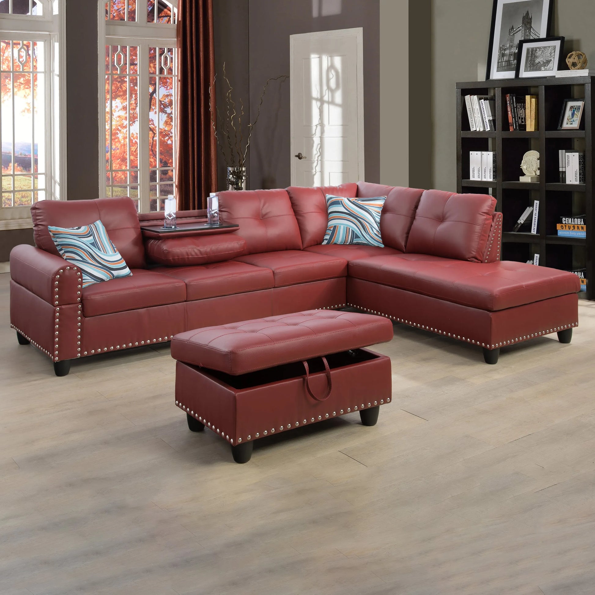 97.5" Wide Red Synthetic Leather L-Shaped Living Room Sectional Sofa Set