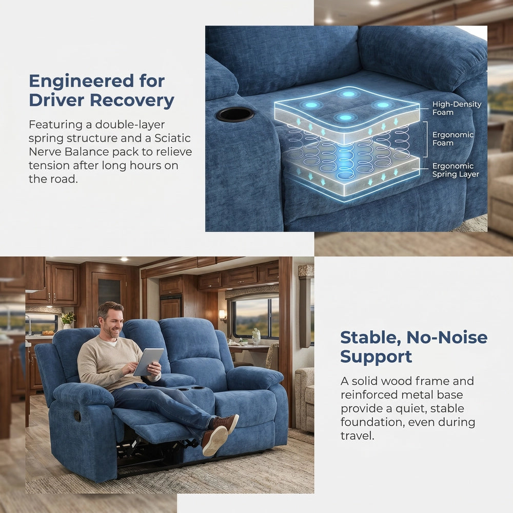 Ainehome 68" Manual RV Loveseat Recliner with Storage Console - Breathable Tech-Fabric Motorhome Sofa Replacement - 67" Full Extension & 26" Door Friendly - Brown