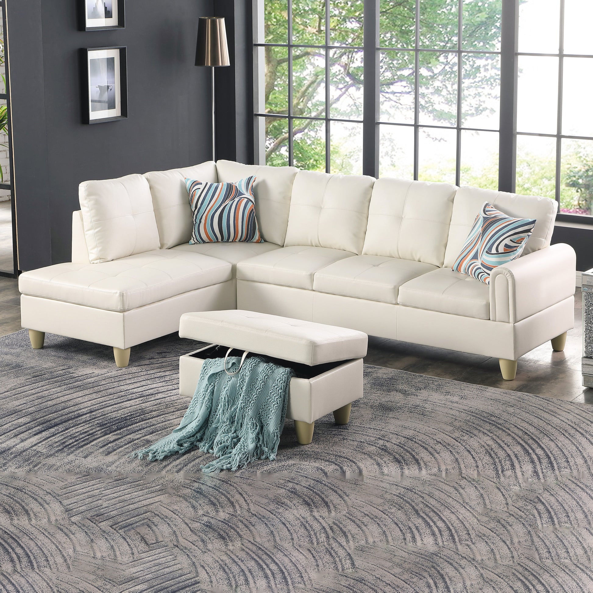 97" Wide Peaerl White Faux Leather L-Shaped Living Room Sectional Sofa Set