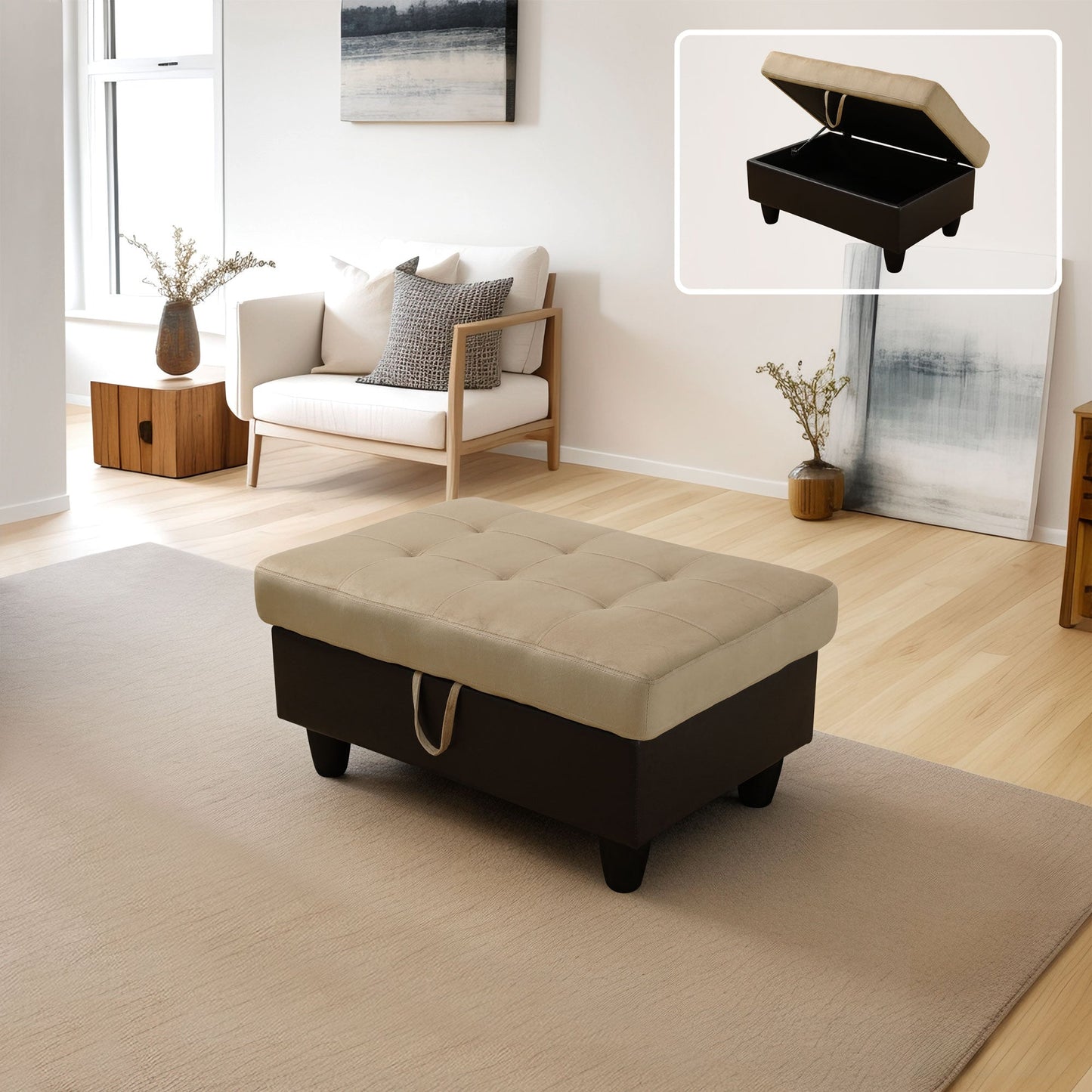 Ainehome Beige & Brown Lint And PVC Modular Storage Ottoman